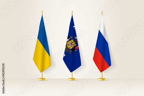 Diplomatic Meeting Representation, Ukraine, Wisconsin and Russia Flags. Flags on Diplomatic Stands.