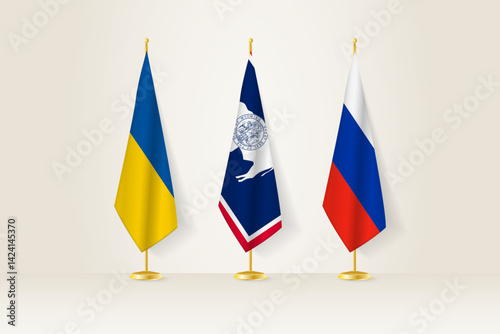 Diplomatic Meeting Representation, Ukraine, Wyoming and Russia Flags. Flags on Diplomatic Stands.