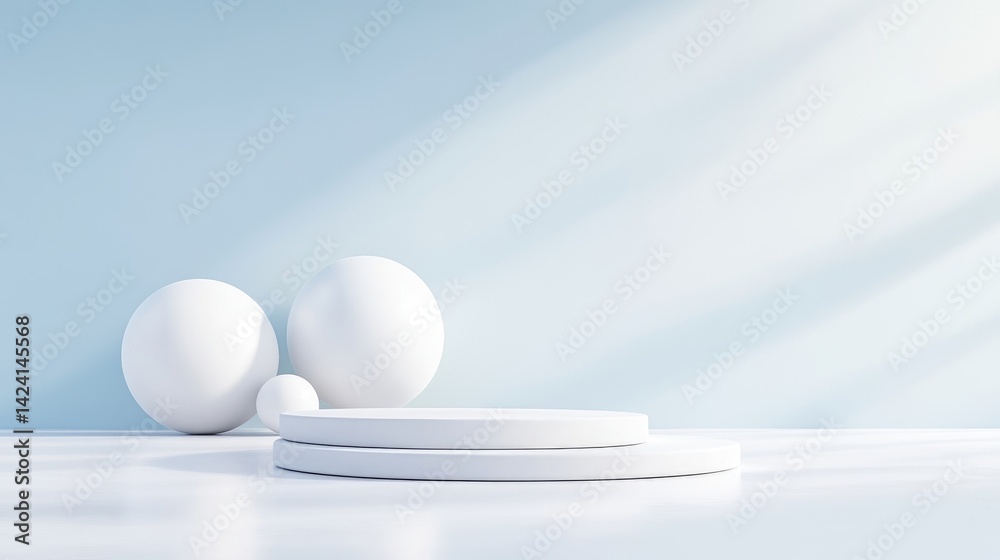 Minimalist white product display podium with spheres on a light blue background. Soft sunlight casts shadows Minimalist white product display podium with spheres on a light blue background. Soft sunlight casts shadows