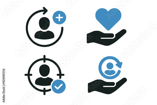 A set of customer retention icons is depicted in black and blue hues on a white background