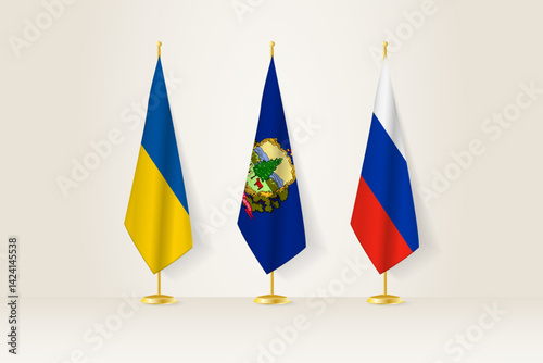 Diplomatic Meeting Representation, Ukraine, Vermont and Russia Flags. Flags on Diplomatic Stands.