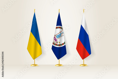 Diplomatic Meeting Representation, Ukraine, Virginia and Russia Flags. Flags on Diplomatic Stands.