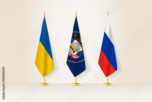 Diplomatic Meeting Representation, Ukraine, Utah and Russia Flags. Flags on Diplomatic Stands.