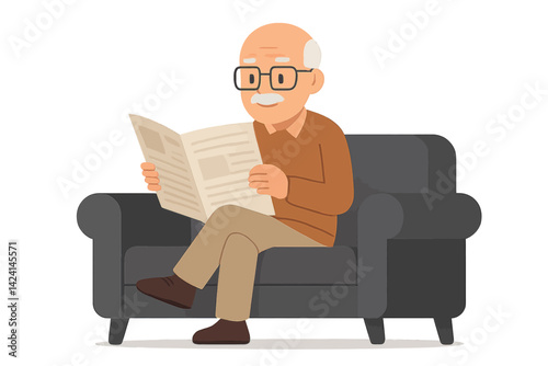 A grey couch supports an elderly man who sits comfortably while reading a newspaper in a flat design vector illustration