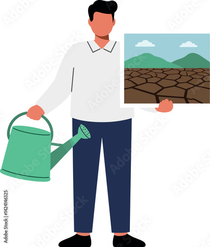 Man holding picture of dry cracked earth with watering can environmental drought concept vector illustration 