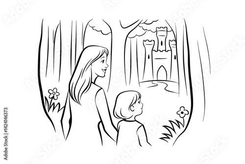 Mother and child gaze at distant castle in enchanted forest illustration