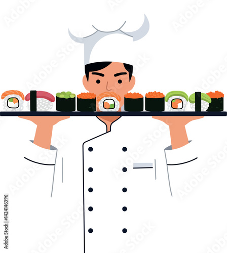 Sushi chef holding sushi platter with various sushi pieces in uniform vector illustration 