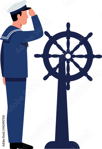 Sailor in uniform standing beside ship steering wheel vector illustration 