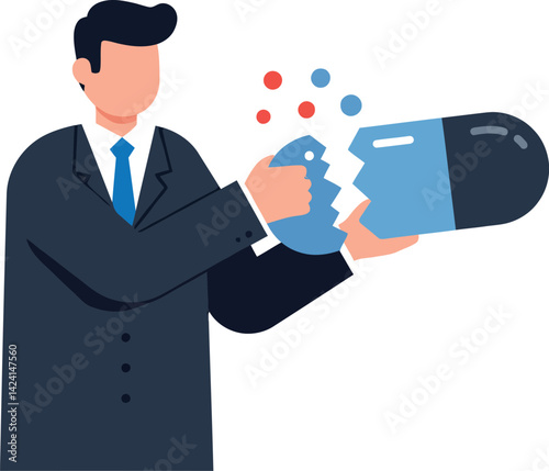Businessman holding and breaking large capsule pill with colorful particles vector illustration 