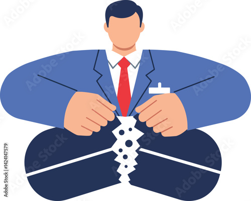 Businessman breaking apart puzzle pieces symbolizing problem solving and strategy in blue suit and red tie vector illustration 