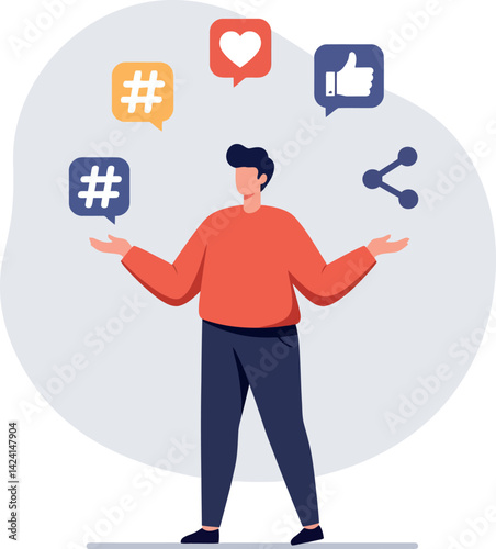 Man using social media icons with hashtag, like, share, and heart symbols vector illustration 