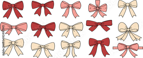 Vector set of cute coquette bows. Pastel pink, white and red elegant ribbons line art illustration. Hand drawn silk tape accessory.