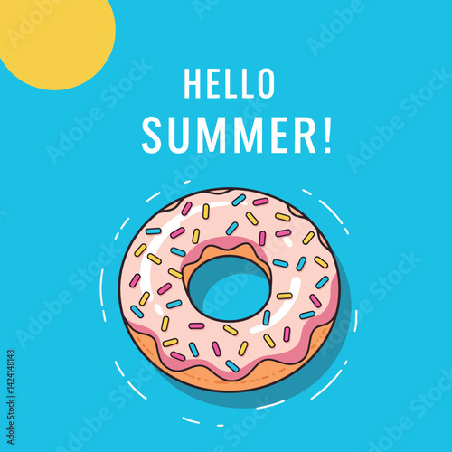 Donut with pink icing and sprinkles summer greeting bright blue background vector illustration 