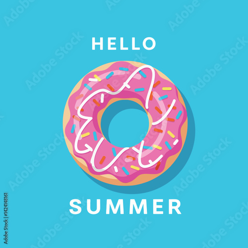 Pink Frosted Donut with Sprinkles and Hello Summer Text on Blue Background Vector Illustration 