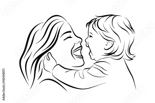 Smiling mother and child black and white outline illustration of joyful family moment
