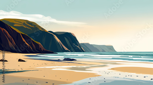 Serene coastal cove secluded sandy beach scenic hills. Obscure Tides. Illustration
