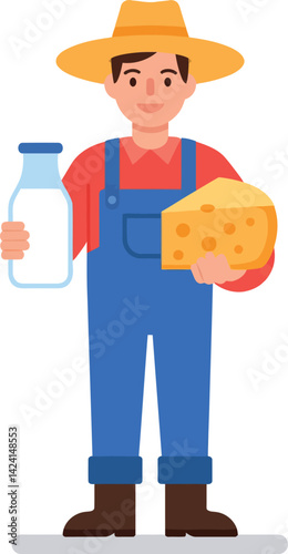 Farmer holding milk bottle and cheese dairy product vector illustration in colorful style 