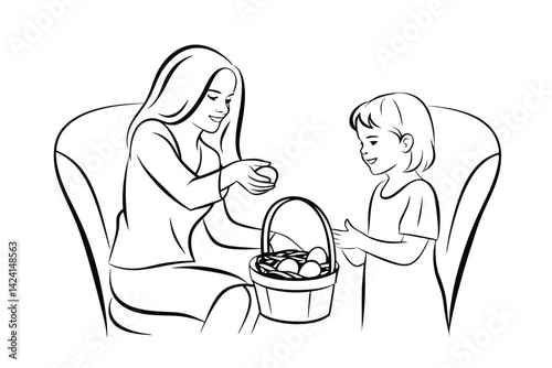 Mother and child preparing easter eggs in basket simple line art illustration