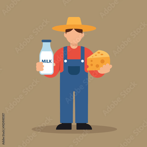 Farmer holding milk bottle and cheese dairy product vector illustration in flat style 