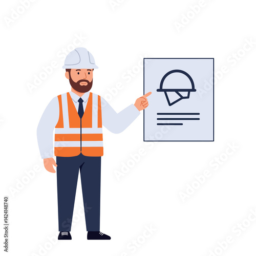 Construction worker wearing safety helmet and orange vest pointing at safety instruction vector illustration 