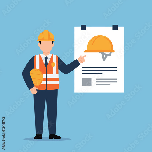 Construction engineer presenting safety helmet on board with blue background vector illustration 