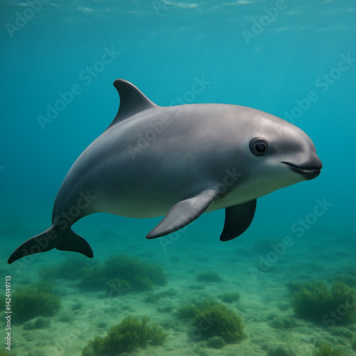 Vaquita in Shallow Sea Sanctuary.
A critically endangered vaquita swims peacefully in crystal-clear waters above a grassy seabed.