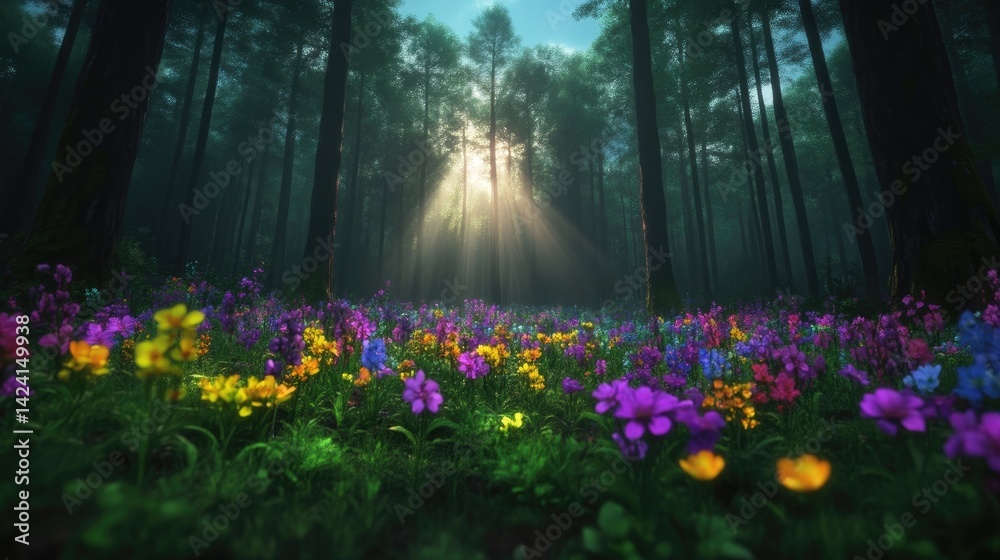 Obraz premium Vibrant wildflowers bloom in a dark forest as bright sunbeams break through the dense tree canopy, creating a magical atmosphere.