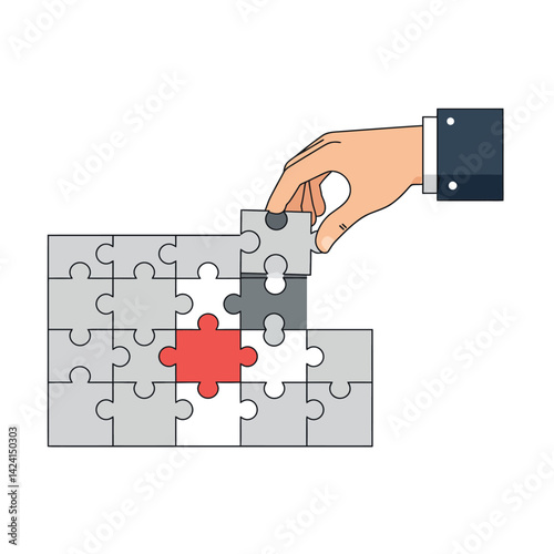 Hand Placing Puzzle Piece Completing Red Center in Gray Jigsaw Puzzle Illustration