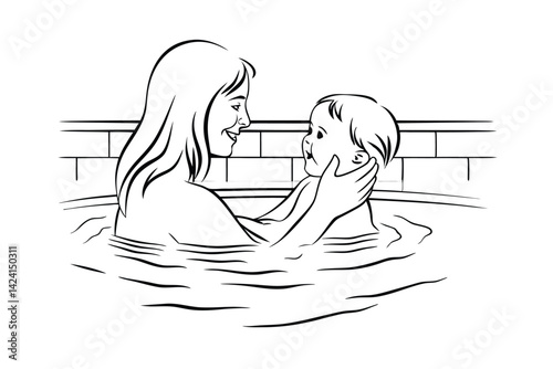 Mother and child bathing together in tub line art illustration