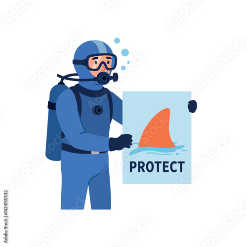 Diver holding protect sign with shark fin underwater conservation message vector illustration 