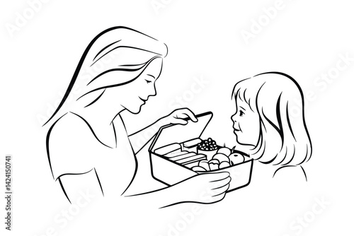 Minimalist vector illustration of mother preparing lunchbox for daughter with healthy food