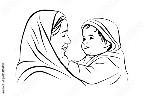 Line art illustration of mother in hijab holding baby with love