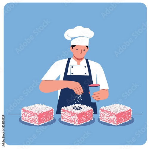 Chef Preparing Food with Three Square Dishes in Blue Background Vector Illustration 