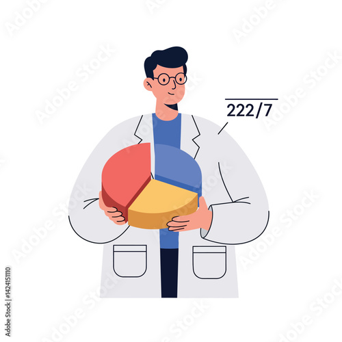 Man holding multicolored pie chart with mathematical fraction vector illustration 