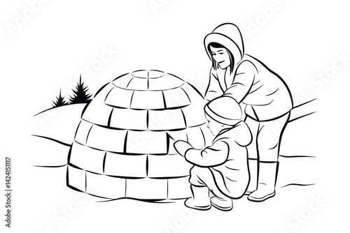 Line art of mother and child building an igloo in a snowy landscape