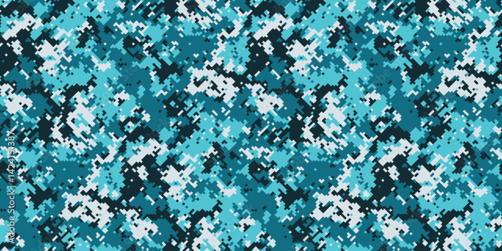 Obraz premium Abstract digital camouflage pattern in teal, aqua, and white. Perfect for fashion, textile design, or tech backgrounds. Modern, pixelated texture evokes a sense of concealment and mystery.