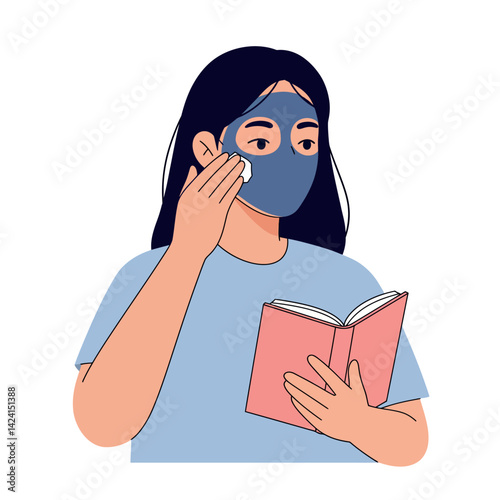 Woman Applying Facial Mask While Reading Book Skincare Routine Concept Vector Illustration 