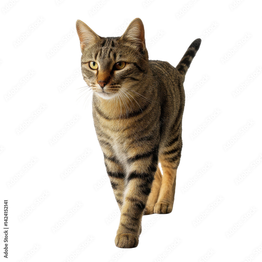 Fototapeta premium A sleek, confident cat walks forward, showcasing its distinctive striped fur and alert expression.