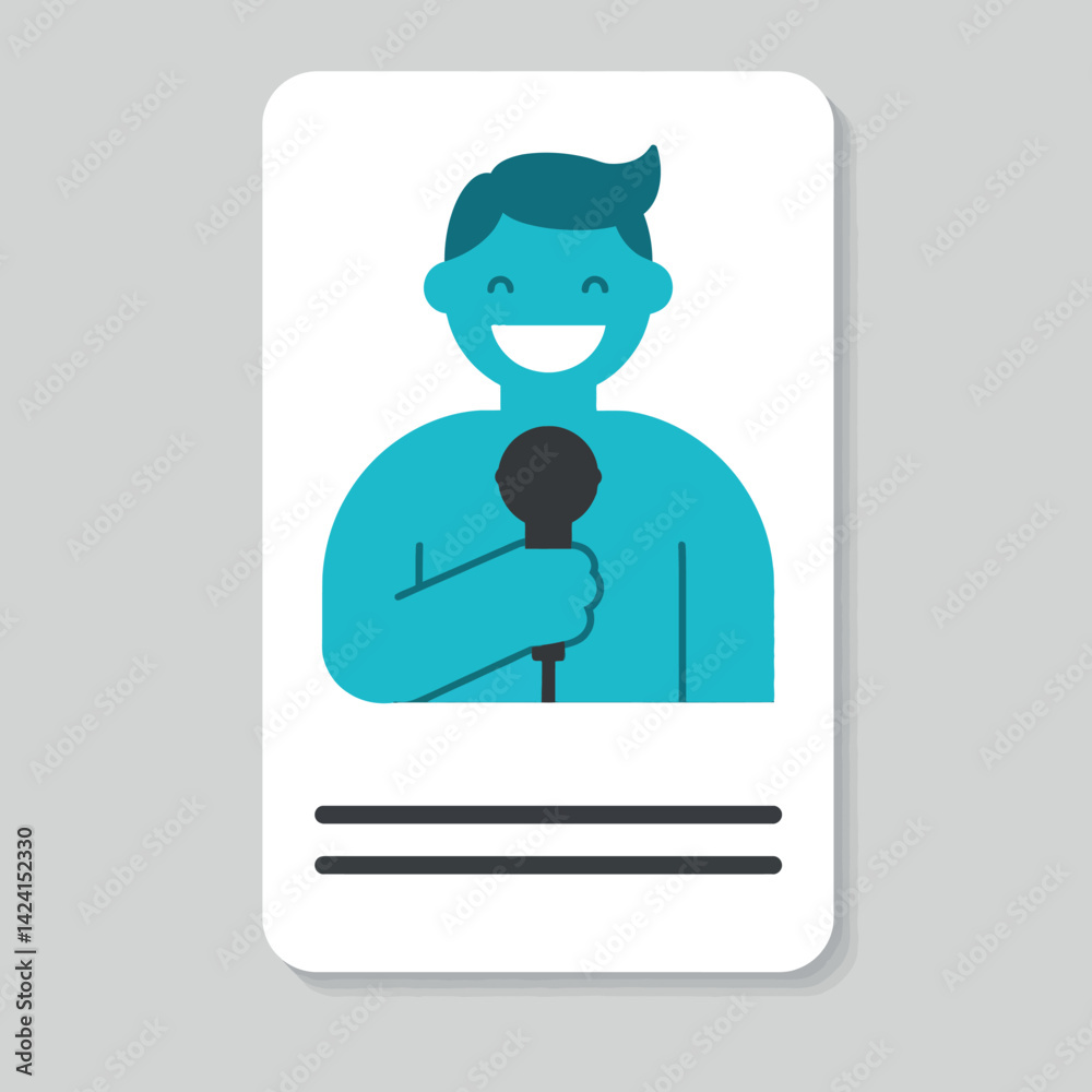 Fototapeta premium Smiling young man holding microphone vector illustration in blue and black colors 