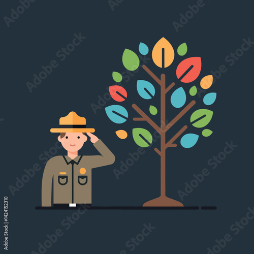 Forest ranger saluting by colorful tree with multicolored leaves flat vector illustration 