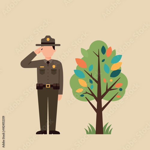 Park ranger saluting beside colorful tree in flat style vector illustration