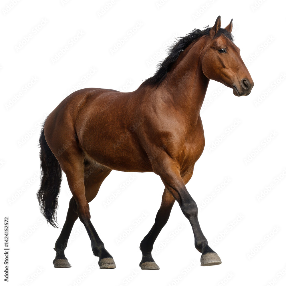 Obraz premium A brown horse walking gracefully, showcasing its muscular build and flowing mane.
