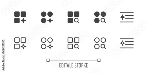 Hamburger with AI icon set. Artificial intelligence sign. Line and silhouette icon. Icons for app user interface and web elements. Vector illustration. Editable stroke.