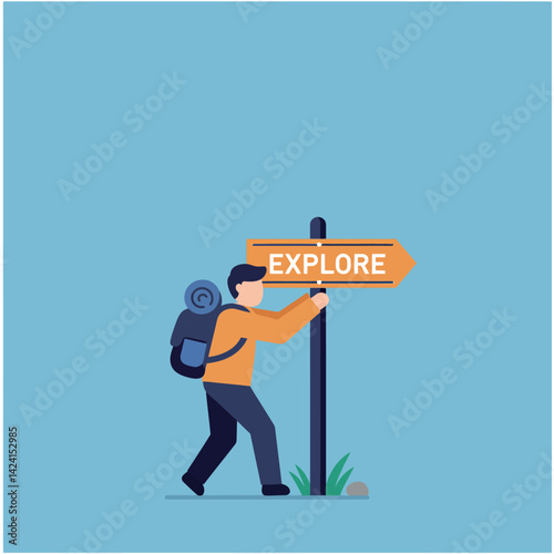 Backpacker Hiking Outdoor Adventure Exploring Direction Sign Vector Illustration 