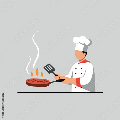 Chef cooking steak on pan with spatula vector illustration in minimal style 