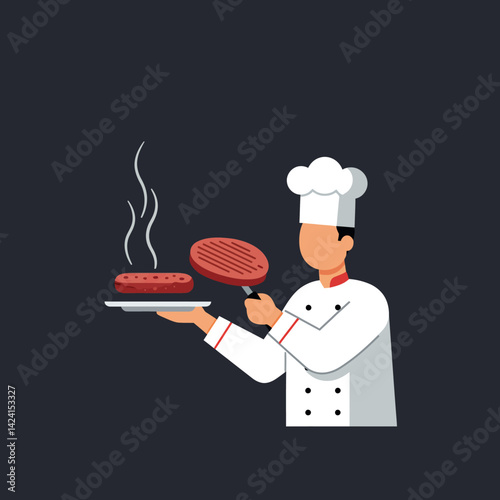 Chef Cooking Steak with Plate and Pan in Flat Vector Illustration on Dark Background 