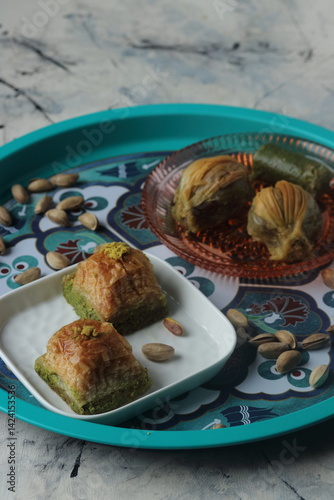 Traditional Turkish Baklava on Ottoman Patterned Tray and plate