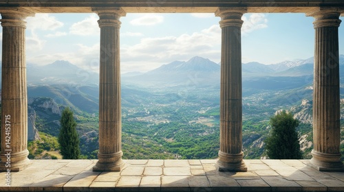 Ancient colonnade overlooking a valley. Lush green valley with mountains in the background, viewed through a classical colonnade.  Sunlight streams through the columns
