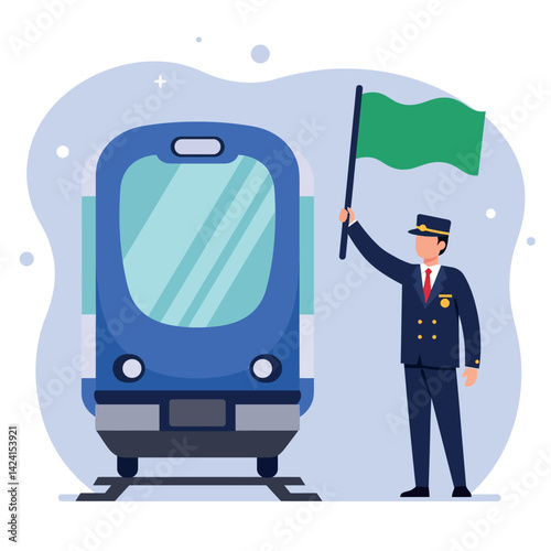 Train conductor signaling with green flag next to blue modern train vector illustration 