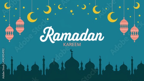Festive vibrant Ramadan design featuring glowing lanterns crescent moons sparkling stars mosque silhouettes on rich teal background with elegant white Ramadan Kareem typography celebrating holy month